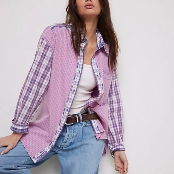 New! Free People We The Free Montauk Gingham Plaid Shirt pink purple 2435 - Picture 3 of 13